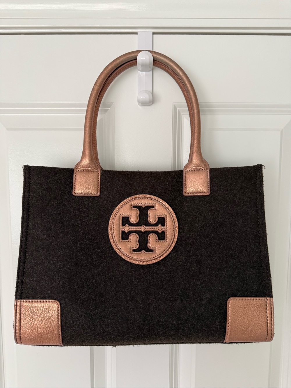 Tory Burch Dark Brown Felt Tote with Rose Gold Leather Accents